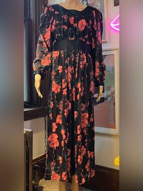 Vintage Black Maxi Dress with Red Floral Print